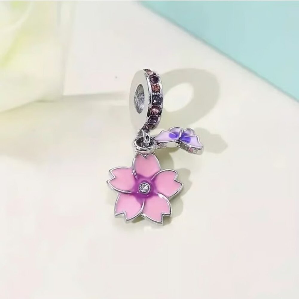 x1 Pink Butterfly And Flower 3-in-1 Alloy Pendant DIY New
